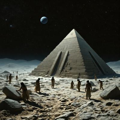 The primary subject of the image is a group of people standing on a rocky surface, possibly a moon or a desert-like environment. The setting appears to be a nighttime scene with a large pyramid or monument in the background. The visual style of the image is a combination of photo and digital art, creating a unique and intriguing atmosphere. The colors in the image are predominantly dark, with the people and the monument appearing in shades of gray and black. The overall mood of the image is mysterious and captivating, as the people seem to be exploring or interacting with the ancient monument.
